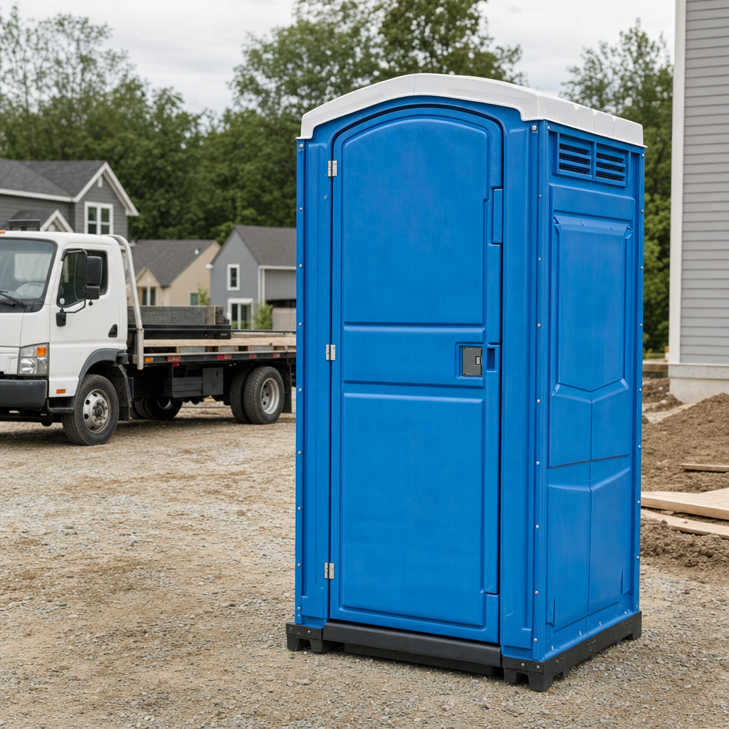 Delivery driver positioning a clean royal-blue portable toilet on level ground at a Nampa worksite