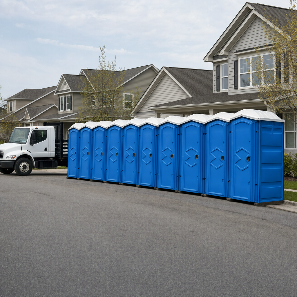 Royal blue portable toilets staged in a tidy row at a Nampa jobsite, ready for delivery